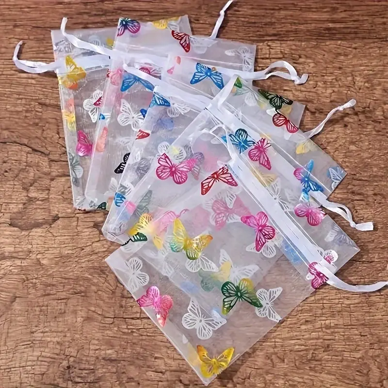 Butterfly Pattern Mesh Gift Bag, 30pcs/set Colorful Candy Bag with Drawstring, Gift Wrapping Bag for Jewelry, Candy, Small Gift