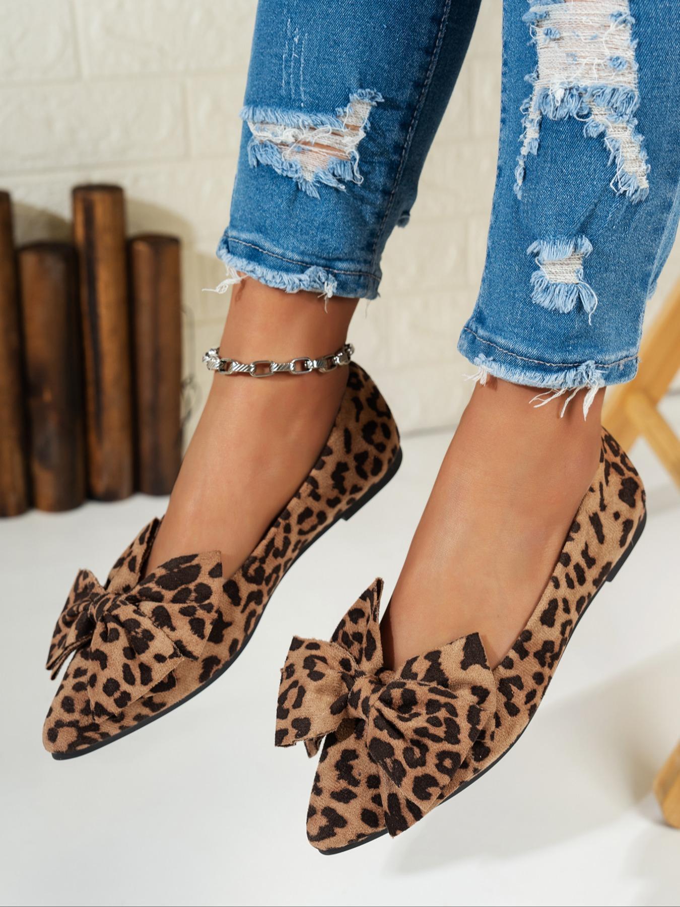 Women's Fashion Leopard Print Bowknot Design Casual Trendy Flat Shoes, Casual Comfortable Slip on Shoes for Daily Wear, Female All-match Pointed Toe Shoes for Daily Wear, Girl, Bowknot Design Flats
