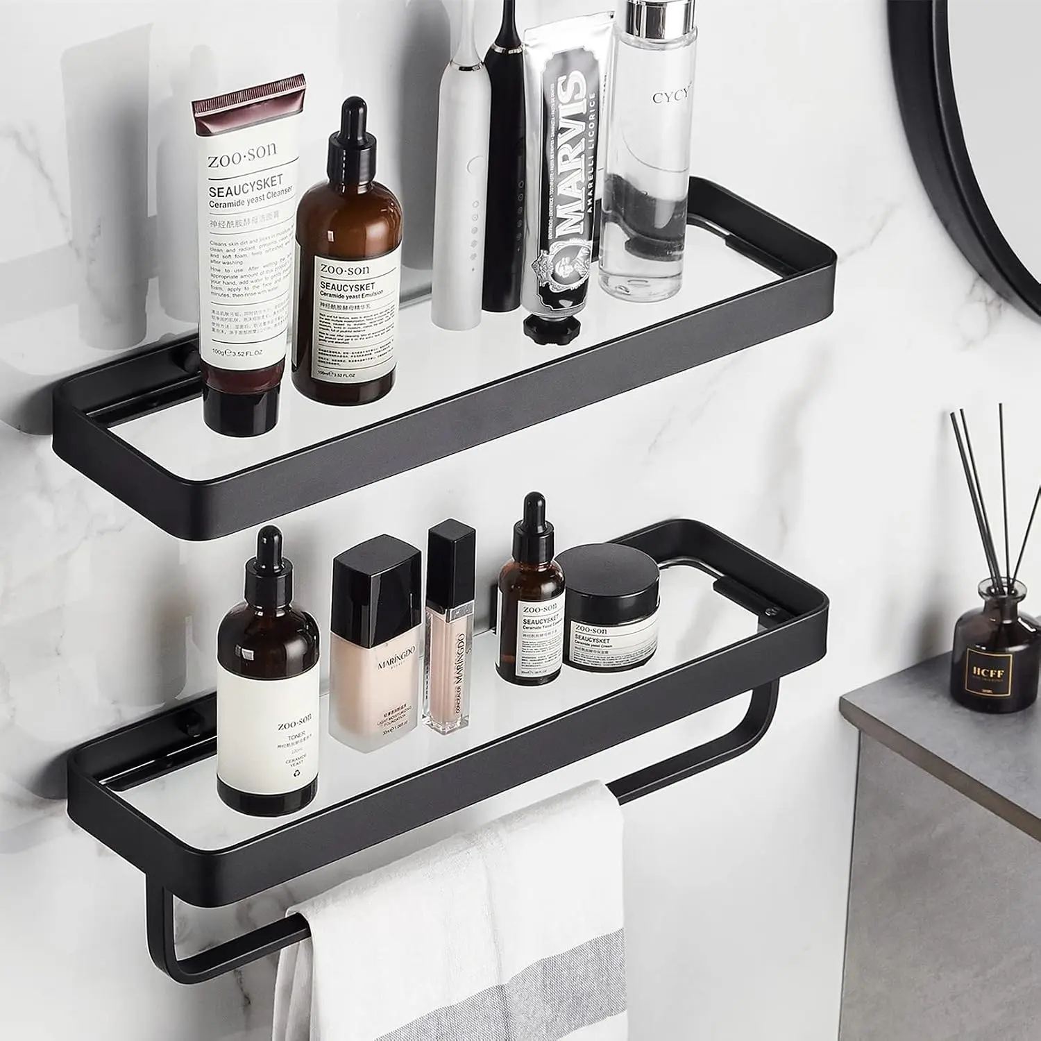 Bathroom Shelves Wall Mounted Glass Shelf for Floating Shelf Tempered Glass Shelves 2 Tier Bathroom Wall Organizer(Black)