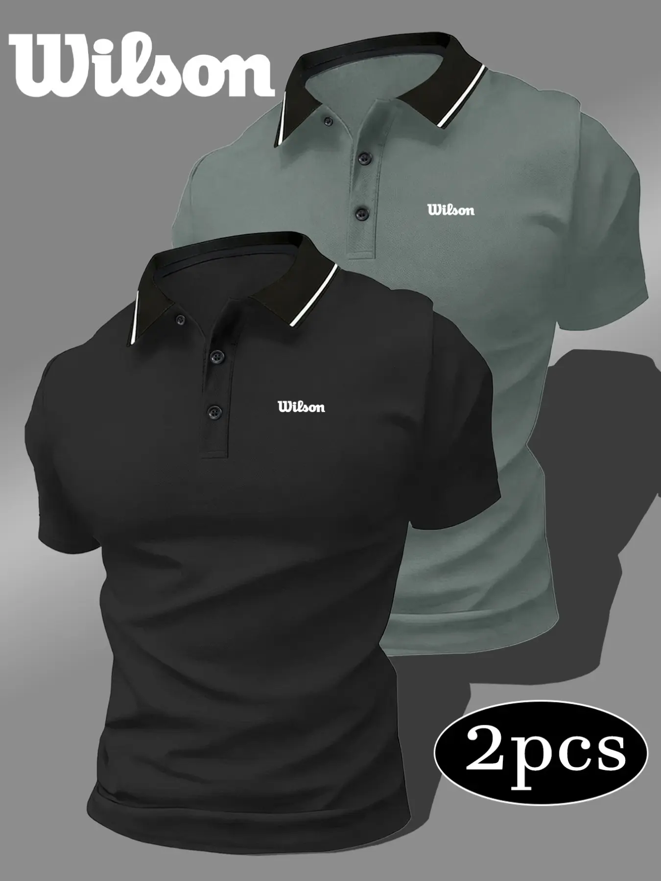 Men's Quick-Dry Polo Shirt Set, Wilson Logo Print, Sporty Geometric Pattern, Short Sleeve, Fitted, Breathable, Casual Fashion Top