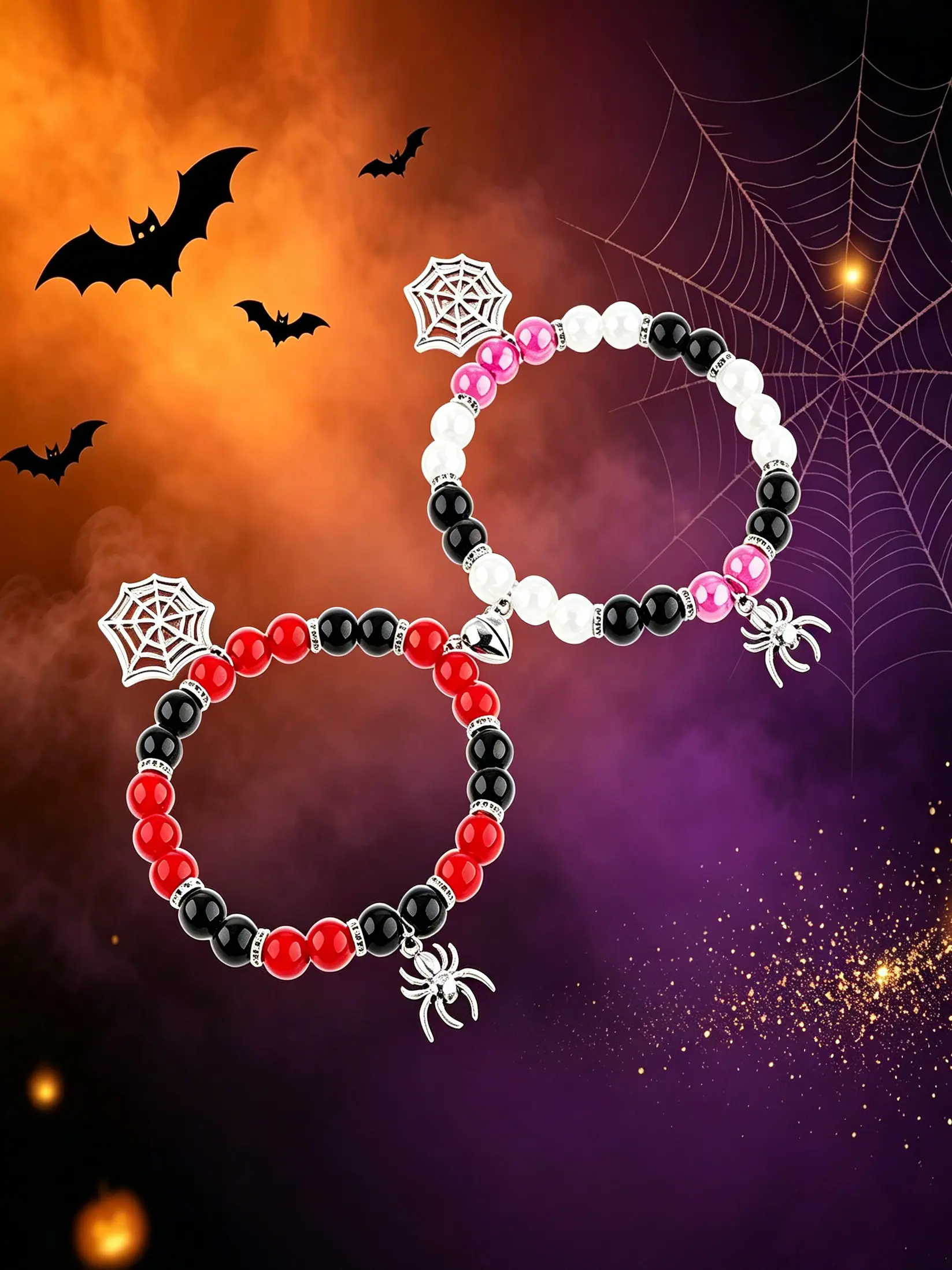Halloween Spider Charm Beaded Stretch Bracelet, Spider Web Pendant, Spooky Goth Party Jewelry, Casual Hand Chain for Women Girls