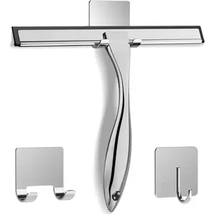 10 Inch Silver All-Purpose Stainless Steel Shower Squeegee with 2 Adhesive Hooks, Bathroom Cleaning Tool for Shower Glass Door Window Mirror Tile Wall Car