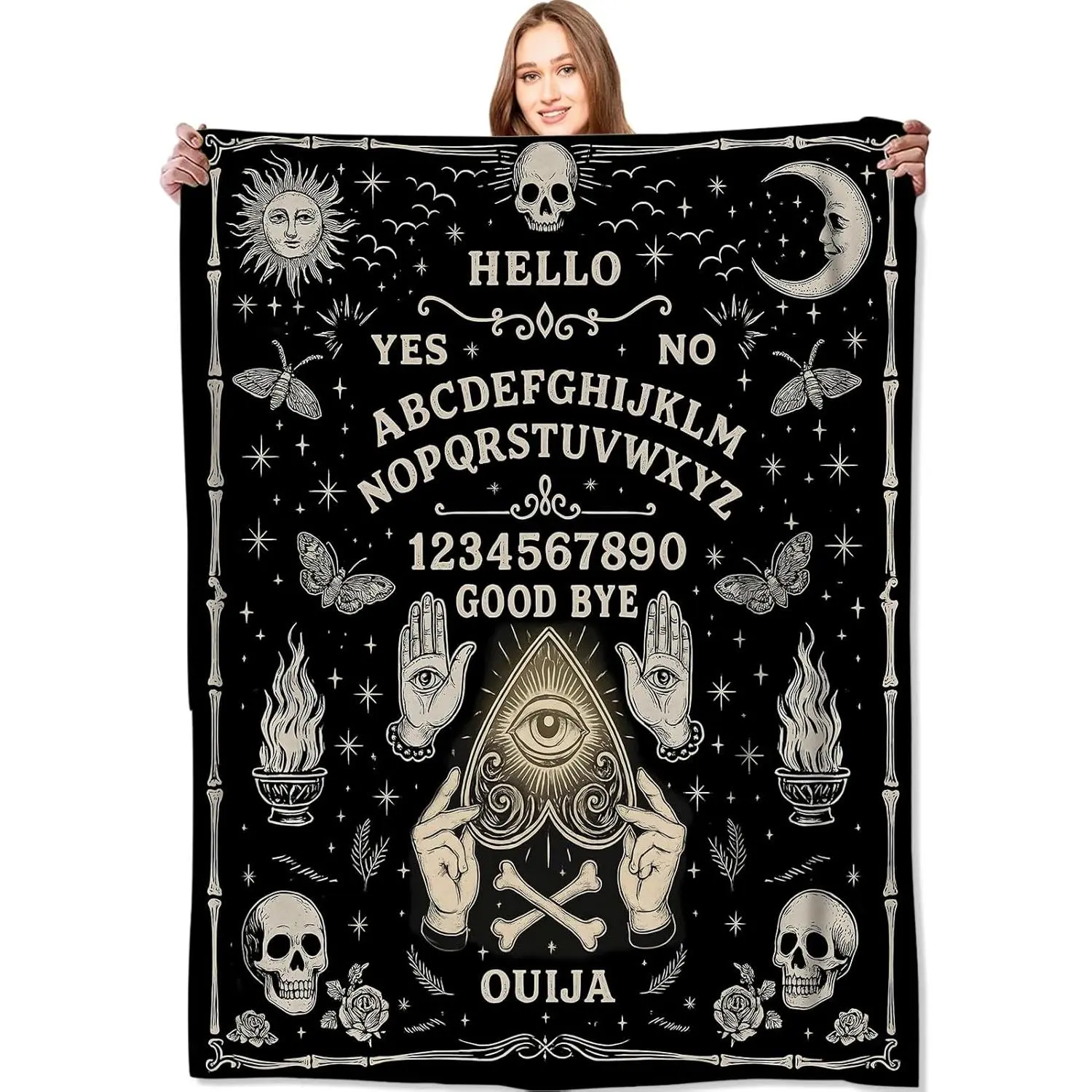 Vintage Witchy Ouija Board Gothic Cozy Flannel Throw Blanket Soft Warm Retro Decor Blanket For Couch Bedroom Halloween Birthday Gift For Dark Aesthetic Witch Lovers