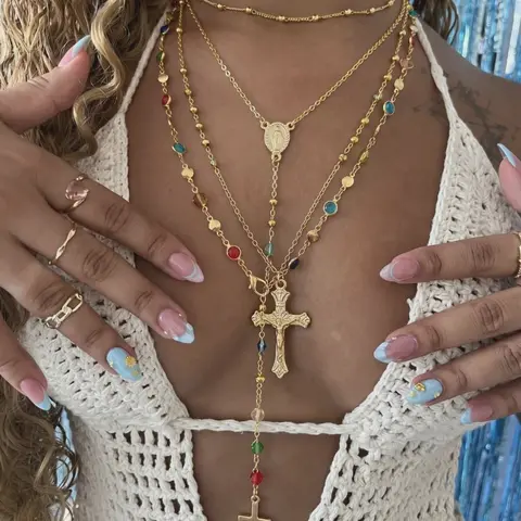 4-Piece Vintage-Inspired Necklace Set, Boho Cross Pendant Necklaces, Y-Shaped Colorful Rhinestone Chain, Layered Necklaces for Women, Fashion Jewelry, Perfect for Parties