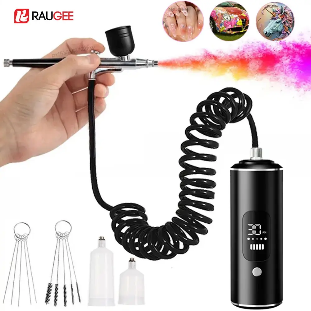Airbrush with Compressor, Airbrush Tool, USB Rechargeable Mini Spray Gun,3-speed Adjustment, LED Display Portable Airbrush for Nail Art Painting Model Coloring Cake Decoration Mini Spray Gun