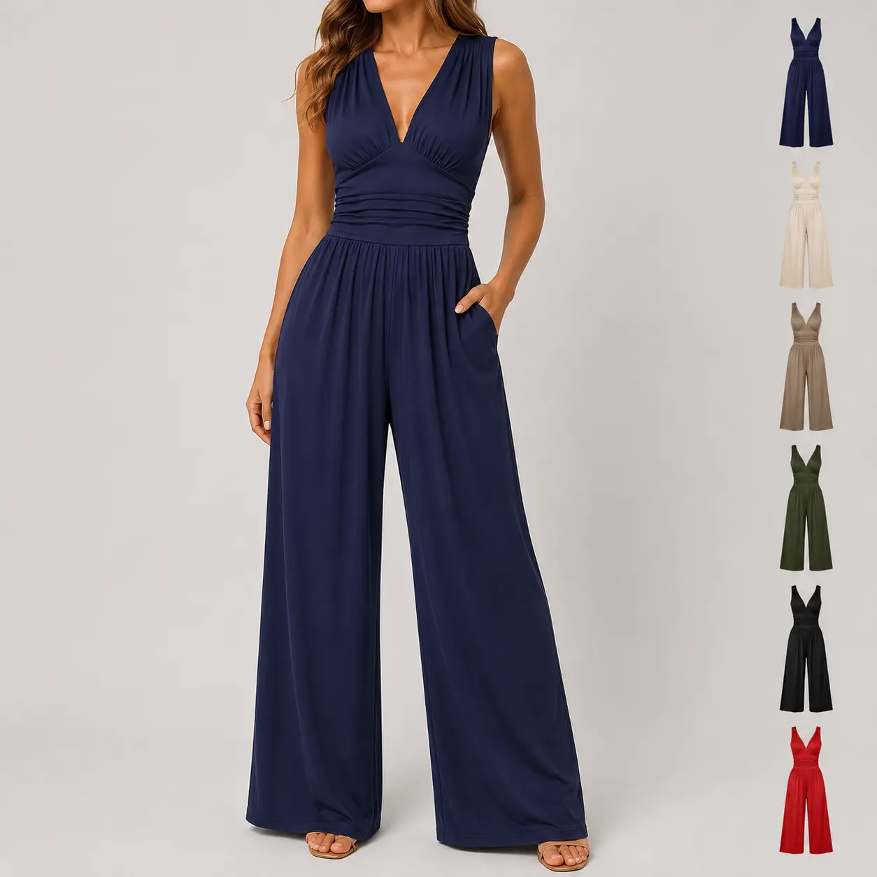 Women's Jumpsuit, Elegant Ruched Deep V-Neck Sleeveless Style in a Ribbed Polyester Blend with a Wide Leg for Summer Vacation, Overalls, Jumpsuits For Women, Lady, Cold Wash, Plain Look, Fitted, Wide Leg Jumpsuit