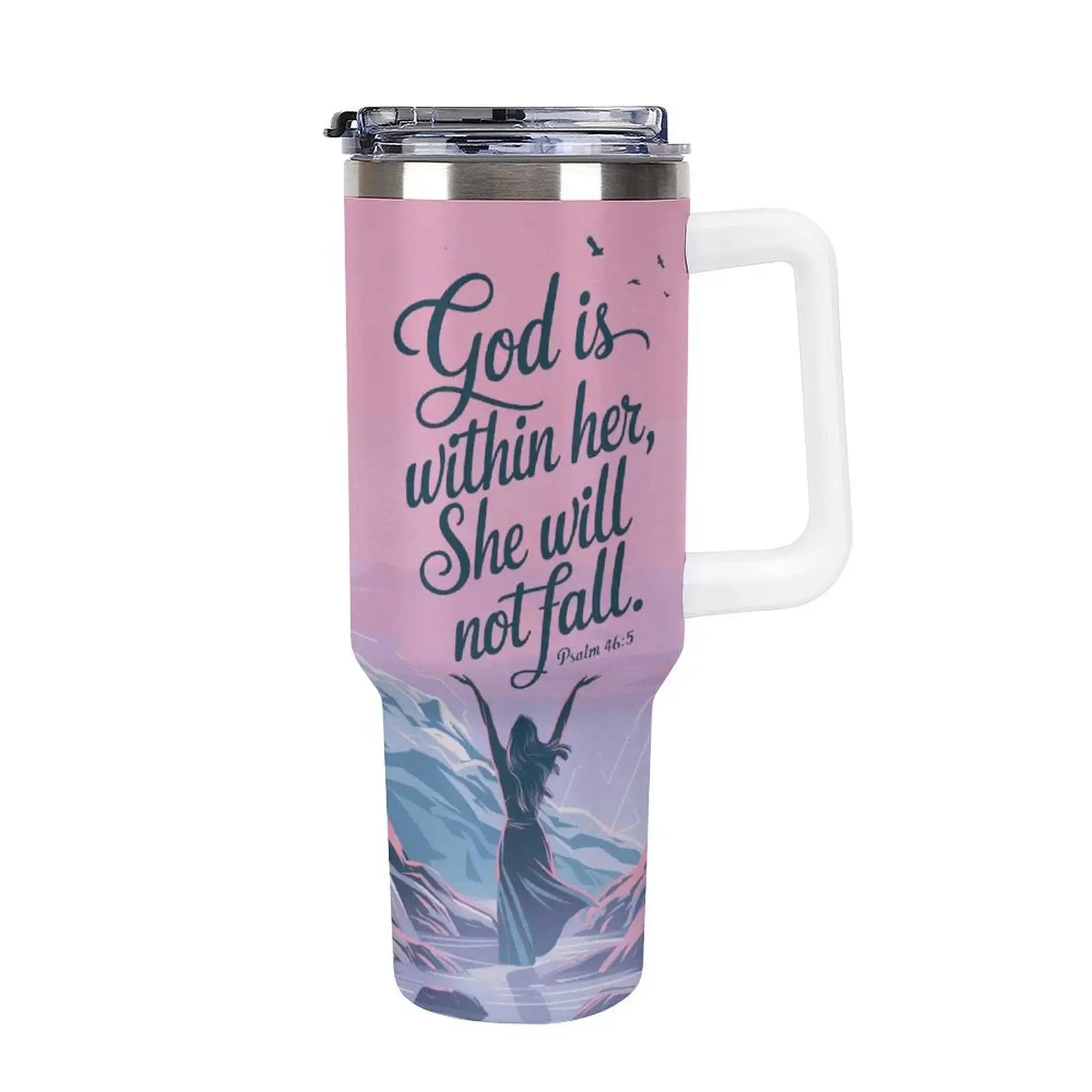 Christian Insulated Stainless Steel Flask - "God Is Within Her She Will Not Fall" Bible Verse Drinkware, Lid-and-Straw Equipped Tumbler Gift for Her, Flasks, Insulation