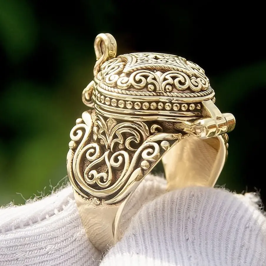 Ethnic Statement Ring for Men, Carved Floral Flip-Top Jewelry in MDF+Steel, Unique Streetwear for Daily & Festival Wear
