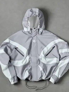 Trendy Men's Functional Patchwork Hooded Jacket, Geometric Line Design, Four-Season Street Style Coat, Casual Unisex Fashion, Streetwear