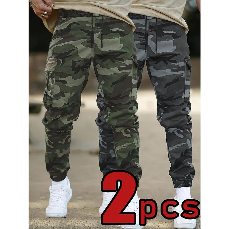 Men's 2-Pieces Loose Cut Outdoor Joggers, Army Green+Khaki Camouflage Outdoor Wear with Multifunctional Belt Pockets, Drawstring Waist, Embroidery, Lightweight Quick-Drying - Ideal for Camping, Military Work All Seasons