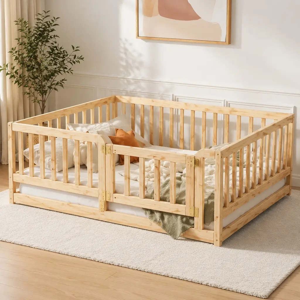 Twin Size Montessori Toddler Bed for Toddlers - Solid Pine Wood Frame Nursery Furniture, Plywood MDF Slats Support, Removable Safety Fence & Door, No Box Spring Needed, Natural Look, Quick Setup, 77" L x 41.5" W x 21.5" H Indoor Child Bed