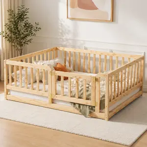 Twin Size Montessori Toddler Low Floor Bed - Solid Pine Wood Frame, Slat Support, Removable Safety Fence & Door, No Box Spring Needed, Natural, 77" L x 41.5" W x 21.5" H, Child Sized Indoor Wooden Twin Beds