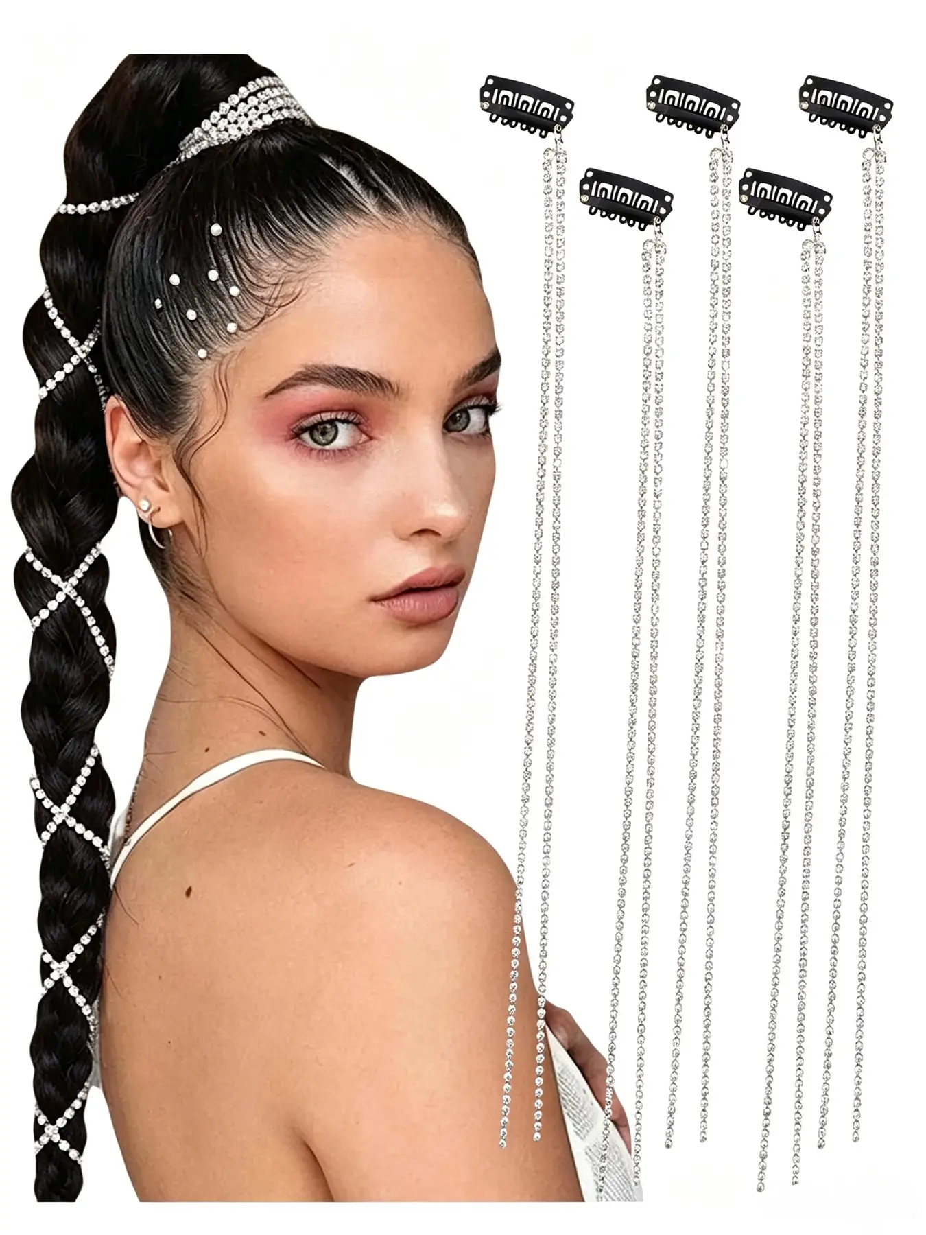 5Pcs Rhinestone Long Hair Chains for Braids, Ponytail, Fairy Hair Strand Extensions, Clip in Bling Tassel Hair Jewelry Accessories for Women, Festival, Wedding, Prom, Party, Y2K Hairstyle, Gold & Silver Available
