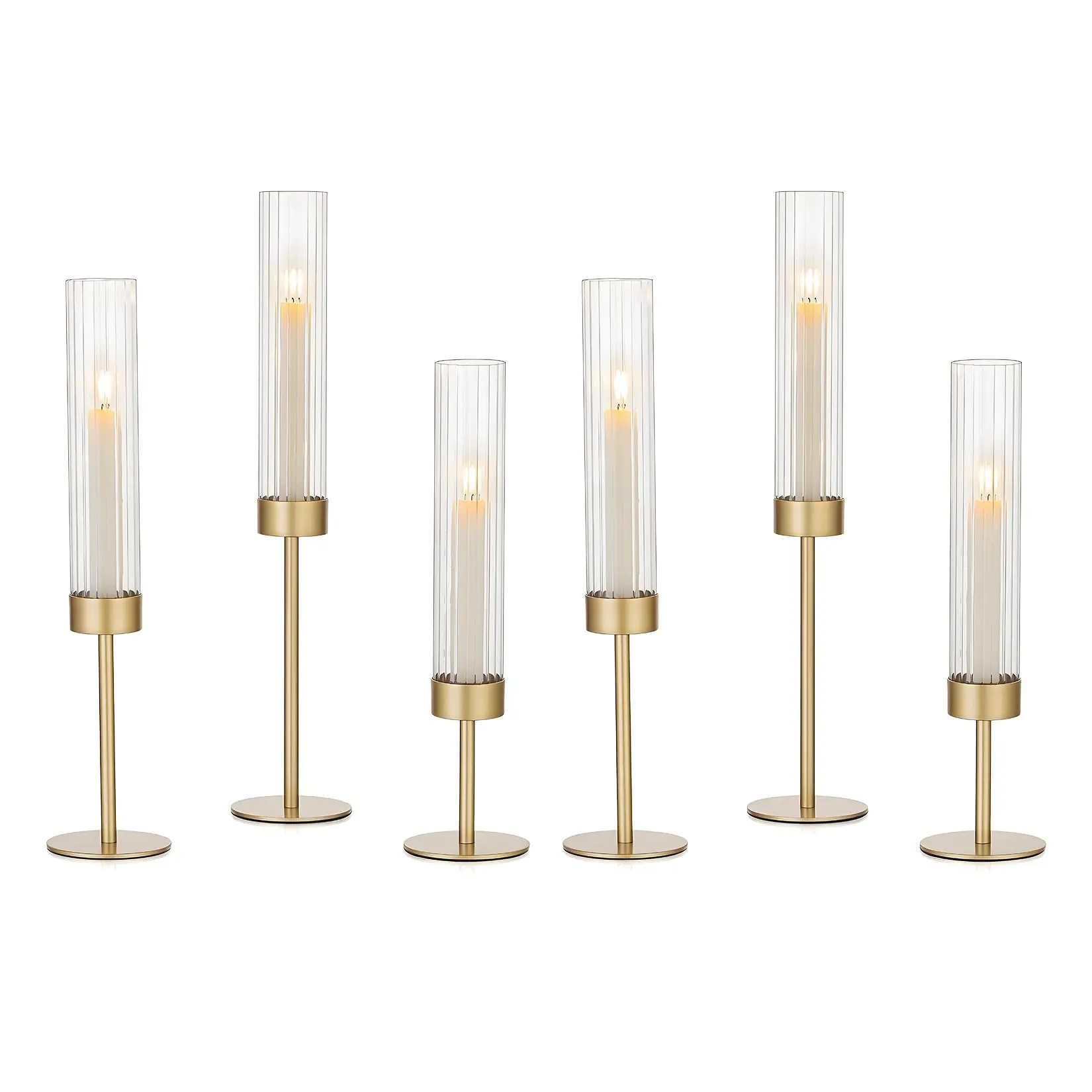 Garvee Elegant Gold Hurricane Candle Holders Set of 6 with Ribbed Glass Cylinder Sleeves, Perfect Taper Candlestick Holders for Wedding, Birthday, Christmas, and Home Decor Centerpieces