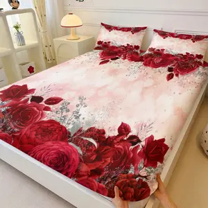 Luxury Premium Burgundy Rose Bouquet Fitted Sheet Set, 1 Bedspread and 2 Pillowcases without Core, Gorgeous Large Floral Romantic Atmosphere Dustproof Anti-slip Full Wrap Mattress Cover, Elastic Exquisite Wedding Style Bed Sheet
