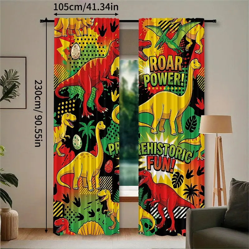 Graffiti Dinosaur Print Kids Window Curtains 2 Panels, Bold Color T-Rex Brachiosaurus Pattern Thermal Insulated Window Drapes, ROAR POWER Prehistoric Fun Design Boys Bedroom Nursery Playroom Window Treatment Home Decor