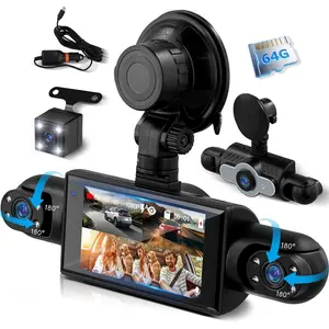 4-Channel 360° Automotive Driving Recorder, 1080P Front & Rear Car Camera, 3-Inch Left-Right Screen, 8 IR Lamps, Loop Recording, 24H Parking Monitor, Free 64GB TF Card