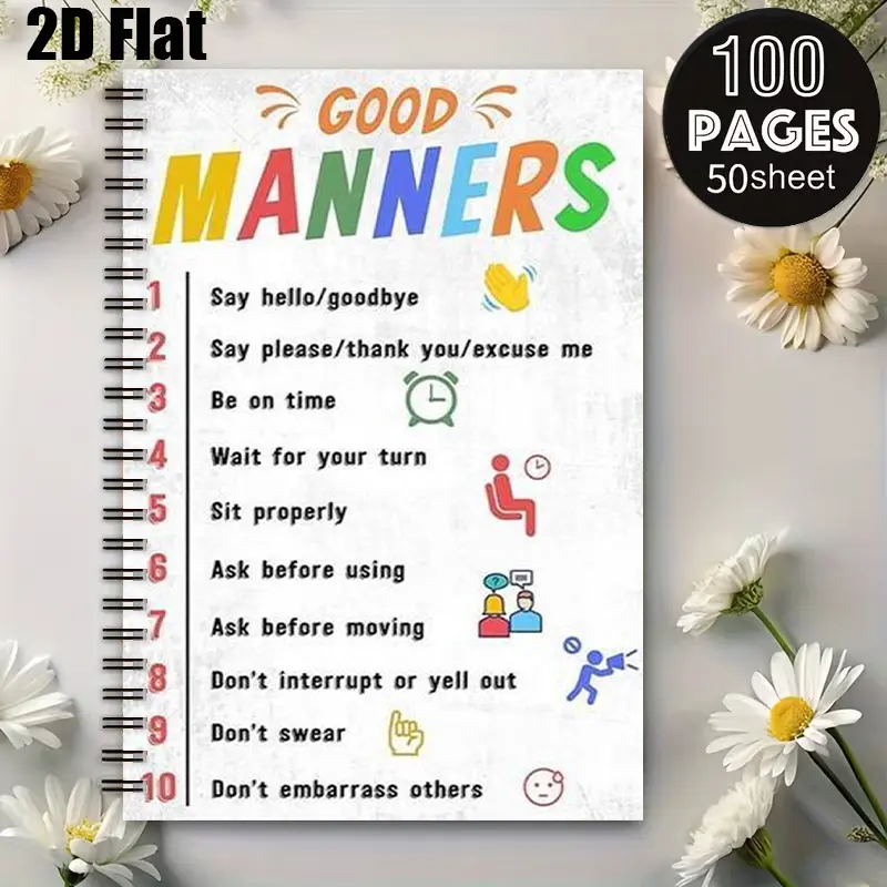 1pc Spiral Coil Notebook 5.7x8.26 inch, 10 Good Manners Guide Lined Pages, Durable Binding, Kids Daily Learning Journal, Preschool/Kindergarten Classroom Supplies, Back to School/Children's Day Gift for Boys Girls [2D] Flat