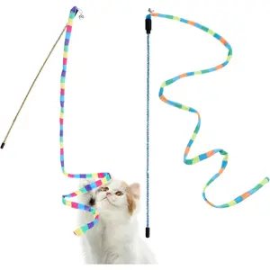 2 count Interactive  Rainbow Wand Toys,  Teaser Wand and String  Colorful Ribbon  and Sturdy Pole with Small Bells for Indoor Cats and Kittens to Play Chase Exercise for Fun