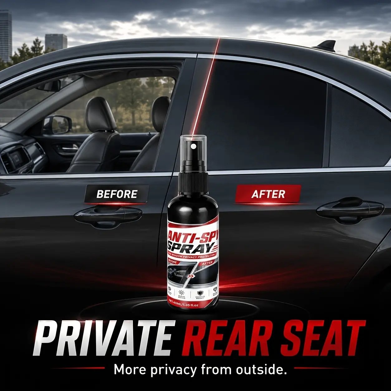 Car privacy spray, window privacy treatment agent-provide a clear view from the inside of the car, while effectively blocking the external view; Easy to use and provides lasting protection for your windows.