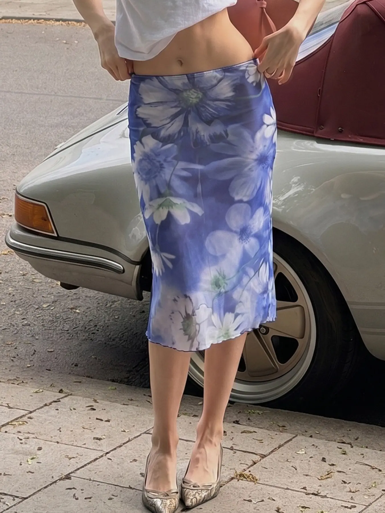 Vintage Floral Print Mesh Midi Skirt, Y2K Low Waist Ruffle Holiday Beach Boho Style, Slim-Fitting Unlined Plain Surface Skirt