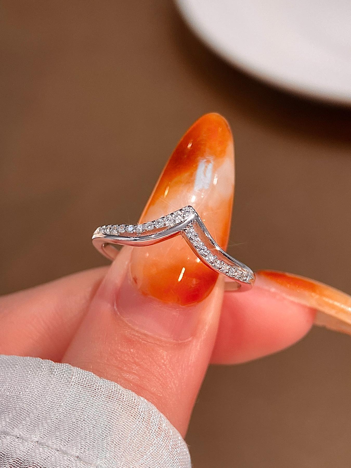 S925 Sterling Silver V-shaped Artificial Zircon Ring, Fashion Promise Ring, Fashion Accessories for Women & Girls, Trendy All-match & Exquisite Jewelry for Birthday Gift, Adjustable Rings