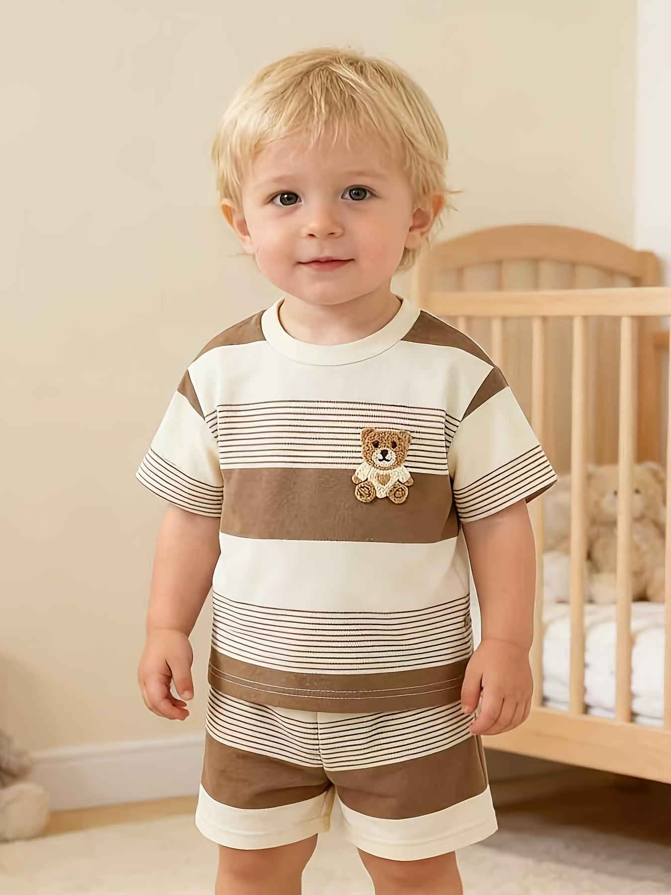 2pcs Summer Casual Baby Outfit - Brown & White Striped Shorts Set with Cute Bear Patch, Comfortable Stretch Fabric for Outdoor Play and Daily Wear, Everyday Baby Clothes |     Playful Bear Design |     Comfortable Fit, Baby Clothes