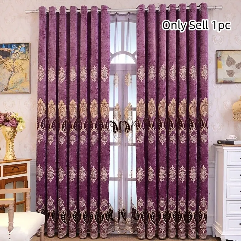 1pc Chenille Embroidered Drapes, Modern Style Curtains for Bedroom, Living Room, Dining Room, Elegant and Private Home Decor