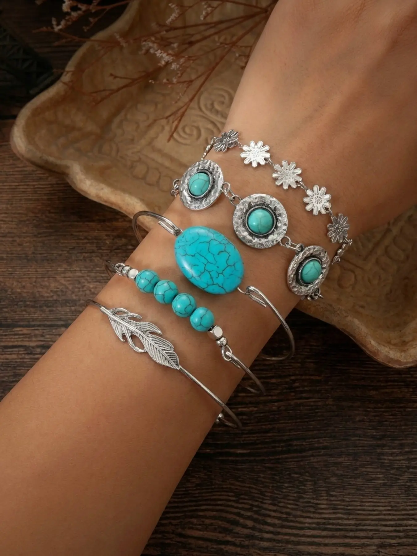 5 Piece Alloy Turquoise Bracelet Set, Bohemian Vintage Feather Flower Silver Color Open Cuff, Adjustable Layering Jewelry for Women