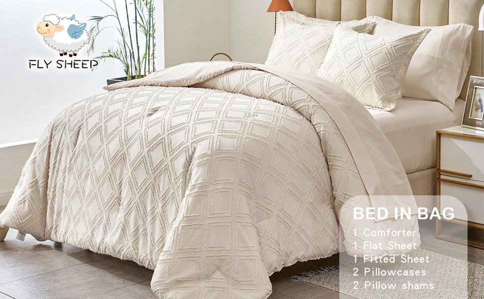 7 Pieces Tufted Bed in a Bag Queen Comforter Set with Sheets Beige, Soft and Embroidery Boho Bohemian, Luxury Color with Pattern, Tufts Bedding Set for All Season