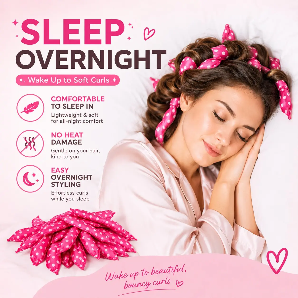 10/20/30/40Pcs Heatless Hair Curlers, No Heat Overnight Curling Rods for Women, Soft Foam Sleep-In Hair Rollers, Flexible Hair Roller for Natural Waves & Bouncy Curls, Reusable Pink Polka Dot Curlers for Long, Short, Thick Hair