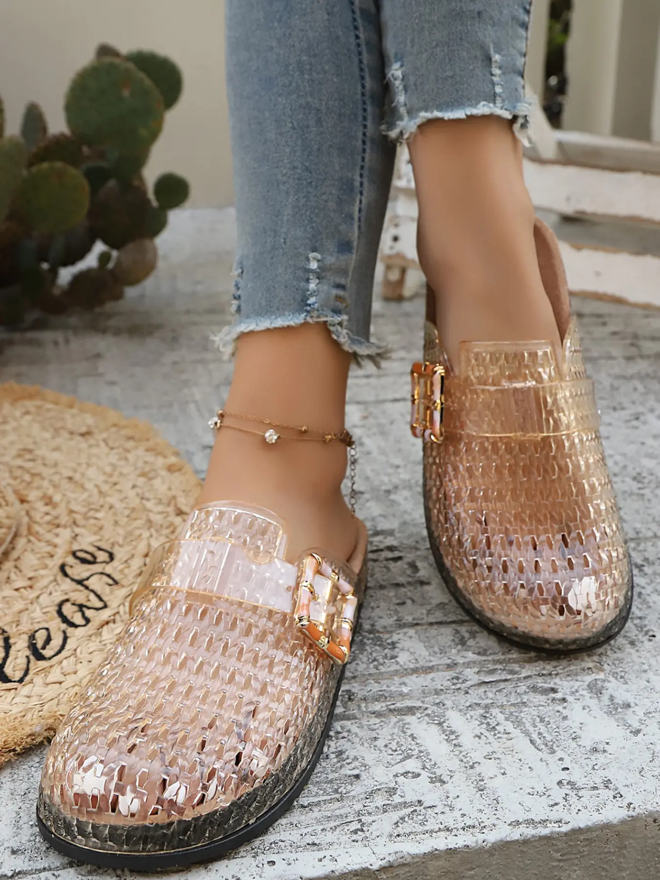 Summer New Hollow Out Square Buckle Soft Sole Slip-On Mules, Women's Breathable Anti-Slip Home Vacation Outdoor Slippers, Soft Soled Mules