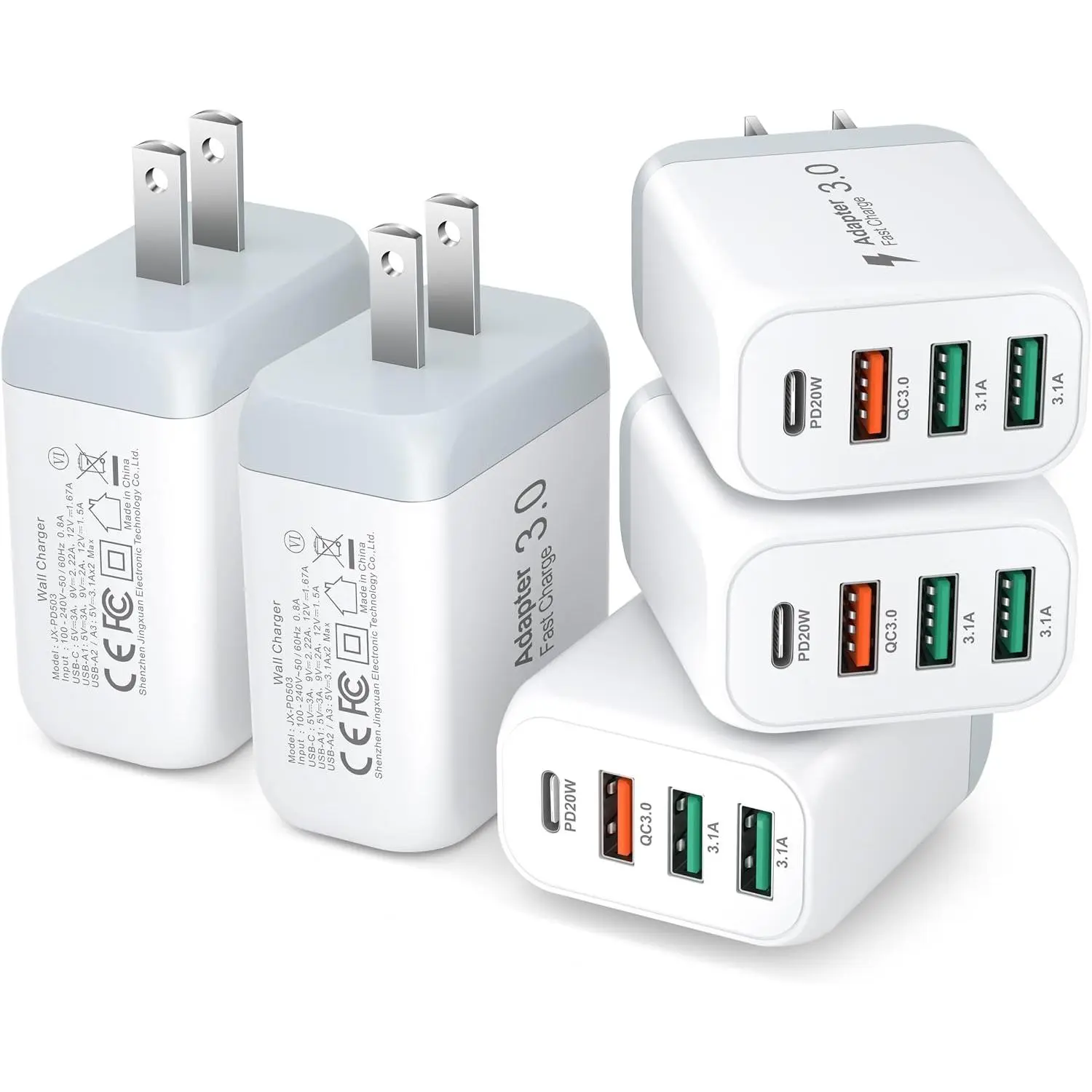 5 Pack USB C Wall Charger,  40W QC+PD 3.0   Block Multiport USB Wall Plug Power Adapter Compatible for  17 16e 15 14 13 12 11 Pro Max Air, Galaxy,Pixel(White)