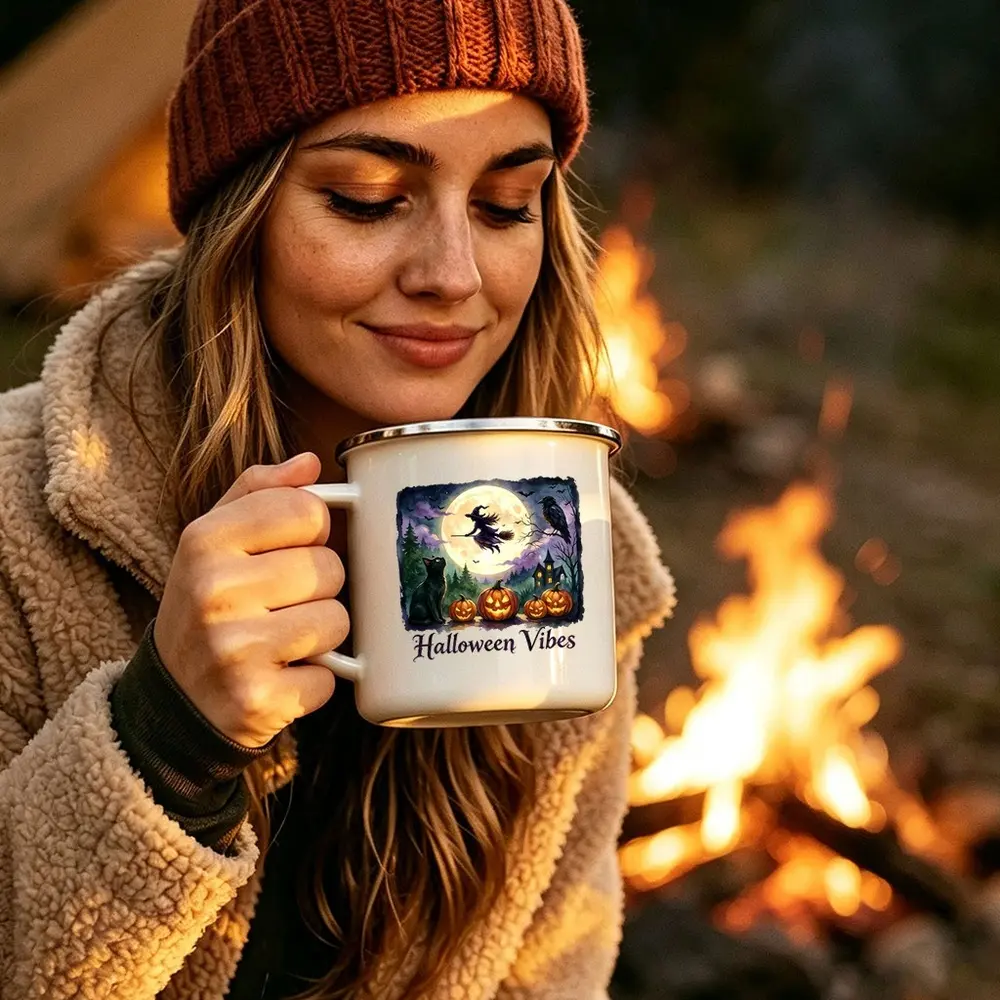 12oz Retro Camping Enamel Mug Portable Outdoor Travel Coffee Cup Durable Camp Drinkware Home Decoration Gift for Van Life RV Camping Lovers Hiking Backpacking Road Trip Backyard Camping Cup
