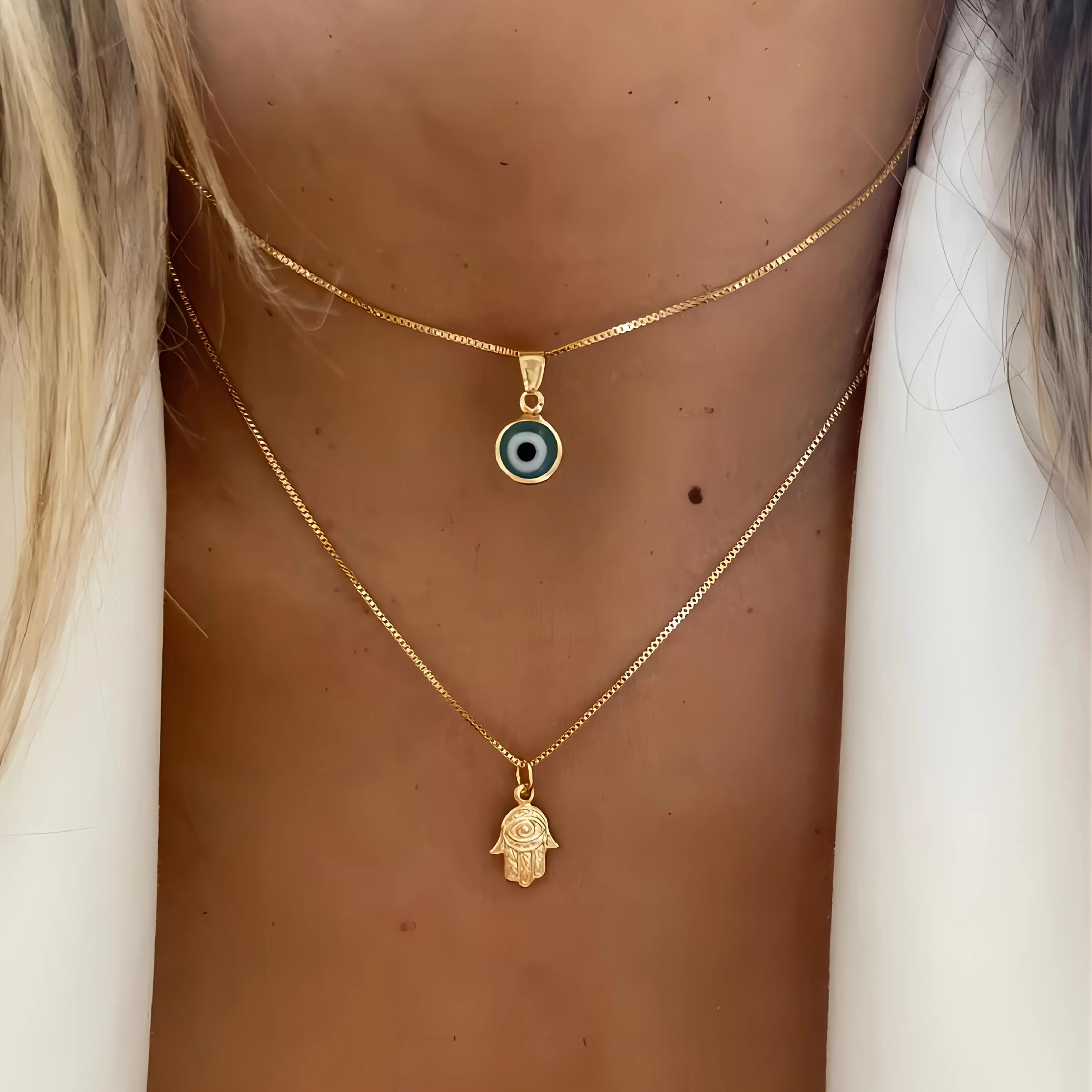 Women's 2-Piece Vintage Layered Artificial Gemstone Necklace Set - Adjustable Chains, Extendable Length, Round Evil Eye & Hamsa Palm Pendants, Layered Look, Casual Female Set, Everyday