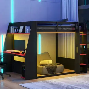 Full-size wooden play bunk bed with a desk; play and workstation bed featuring two storage shelves, convenient USB charging ports, and built-in LED strip lighting at the base; ideal For small bedrooms or home offices