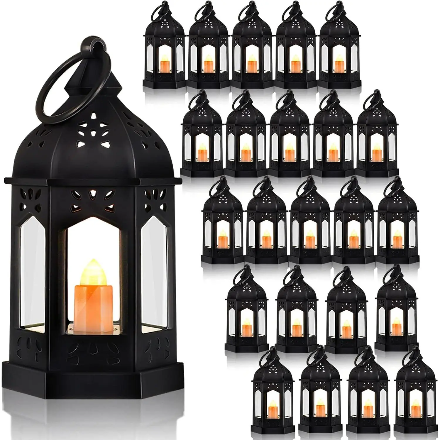 24 count Mini Halloween Lantern Centerpiece with LED Candle,Black | Decorative Lantern Bulk,   Lamp, for Wedding Diwali, Camping Garden Party, Indoor Outdoor Decor,  Power