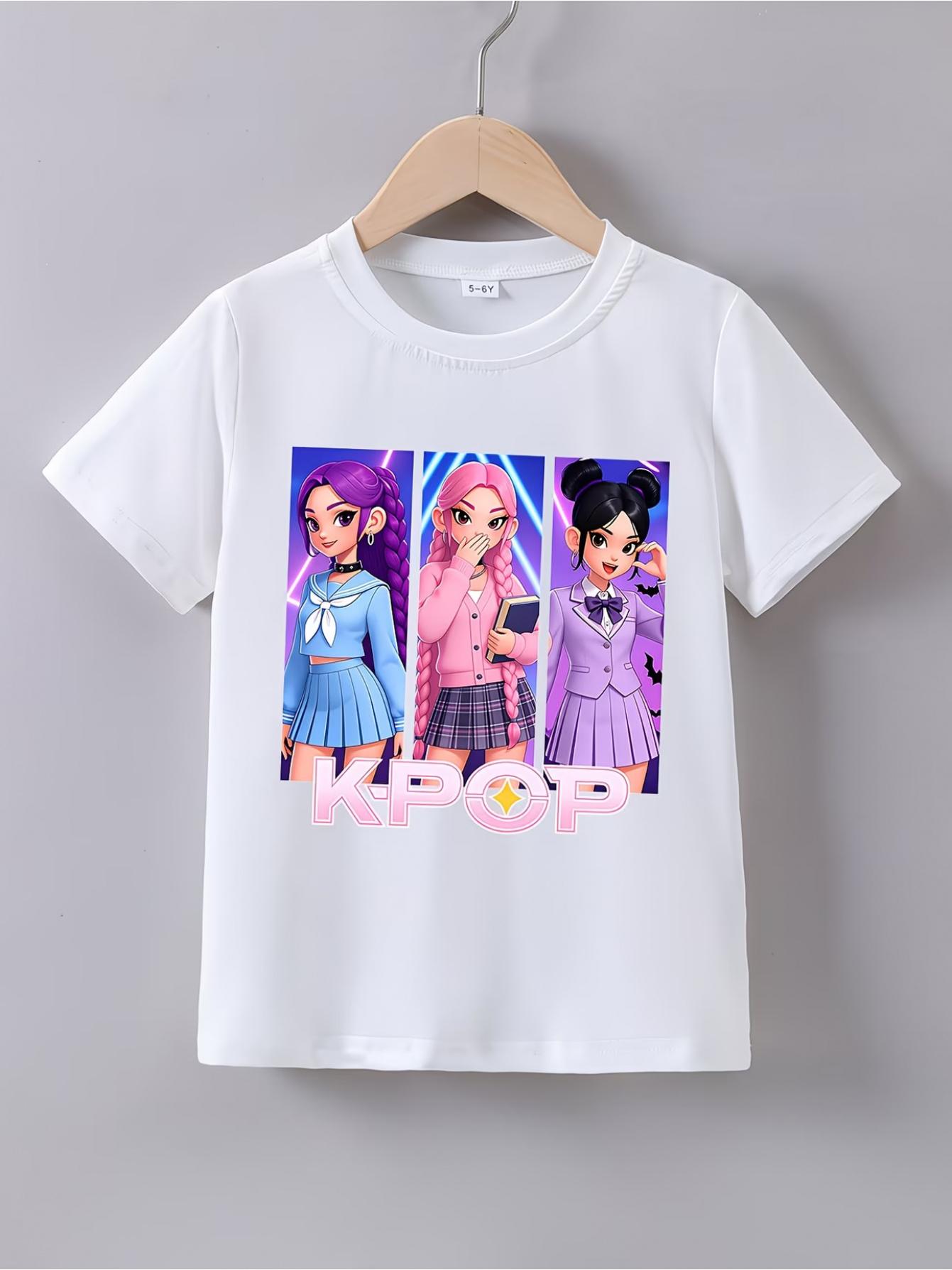 1Summer Short-Sleeve T-Shirt for Girls Featuring a "K-POP Girl Student" Cartoon Print - a Casual Round-Neck Shirt with Adorable Chibi Characters And Prints, Perfect for Anime Fans. It Can Be Hand-Washed Or Dry-Cleaned, Has a Regular Fit
