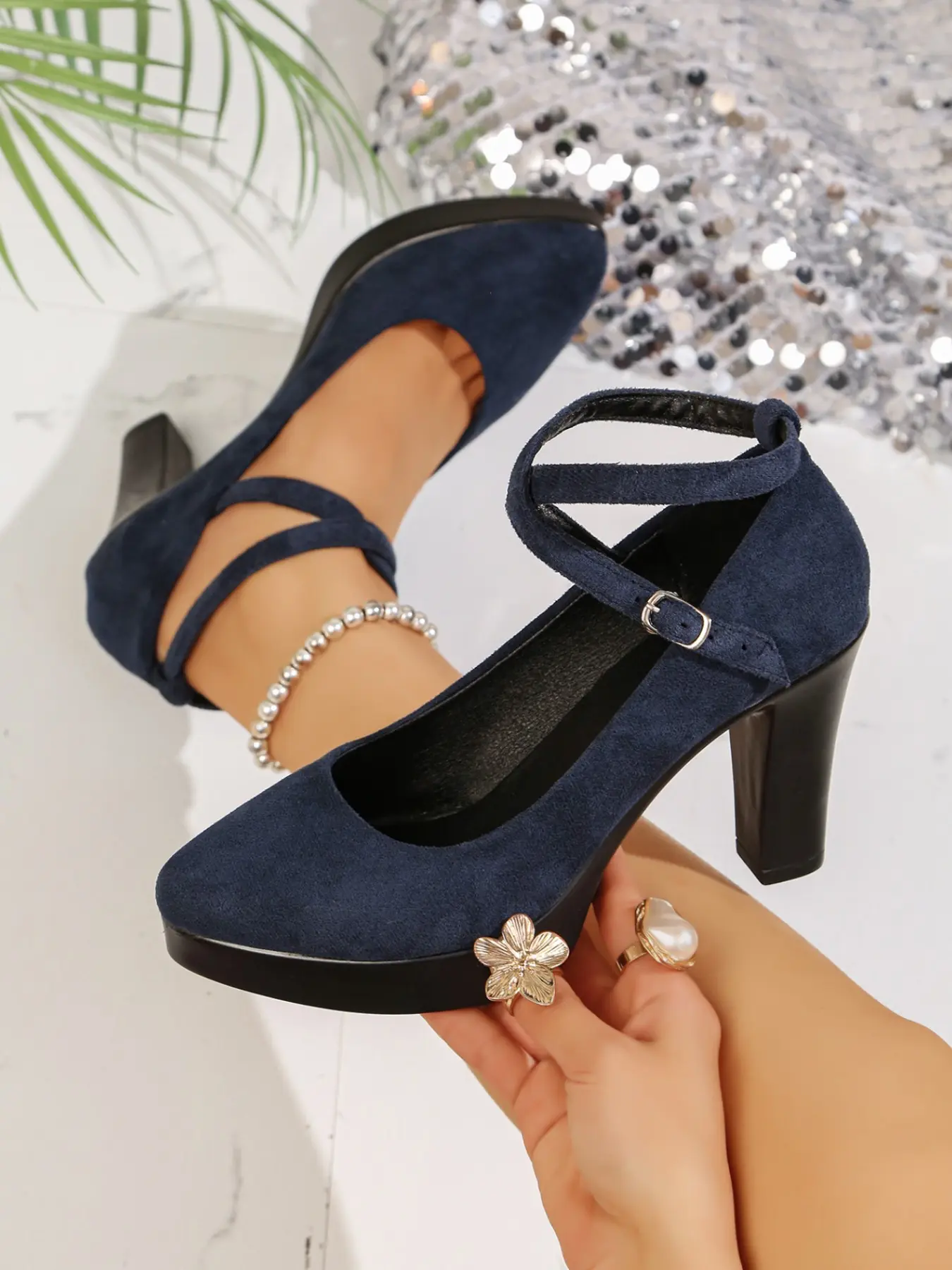 Vintage Elegant Round Toe Waterproof Mary Jane Shoes, Metal Buckle Anklet Strap, Comfortable Heel, Fall Winter Formal Commute Shoes