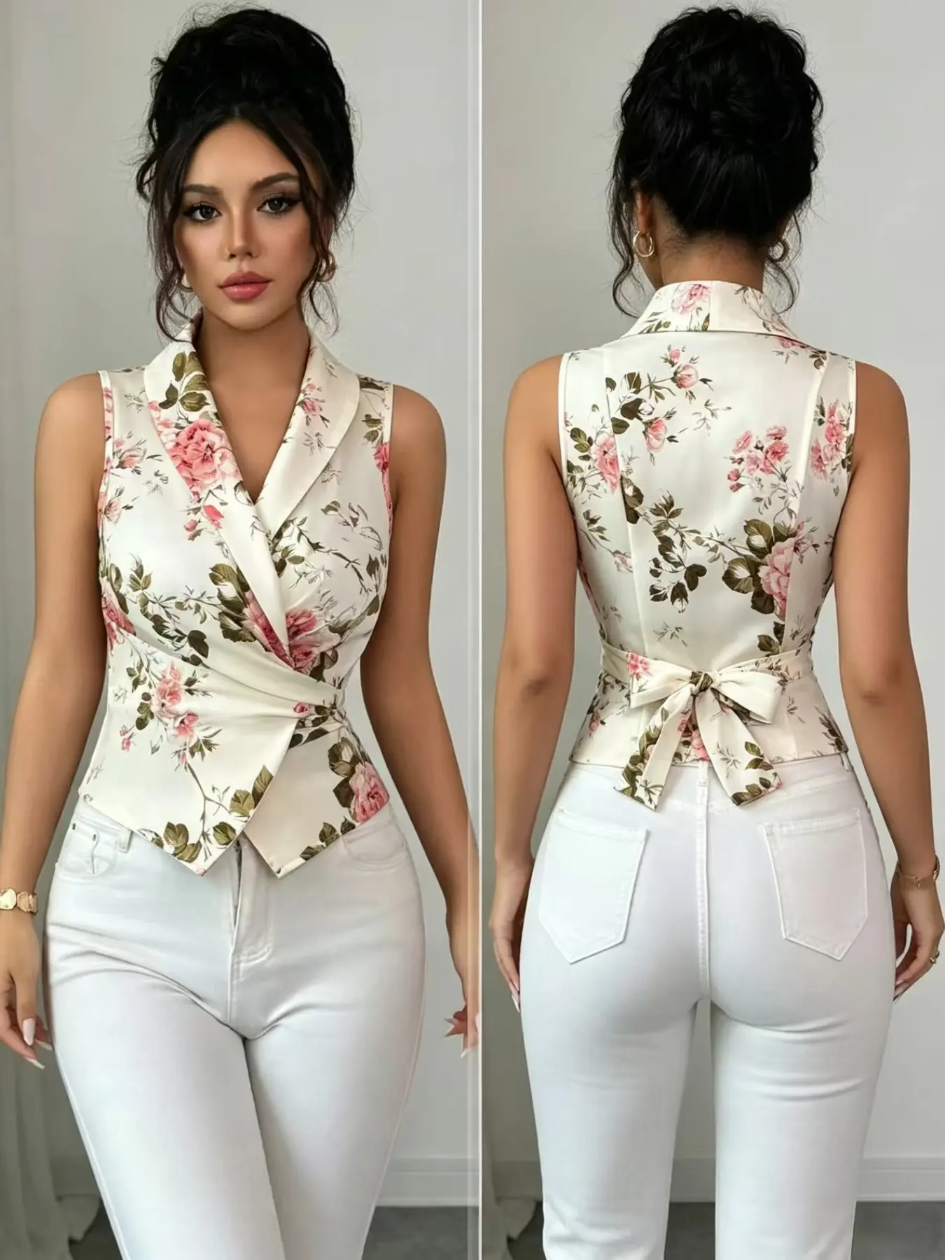 Vintage Floral Sleeveless Blouse for Women, Cross-Over Waist Back Bow Design, Elegant Office Wear, Casual Fashion Top, Floral Pattern