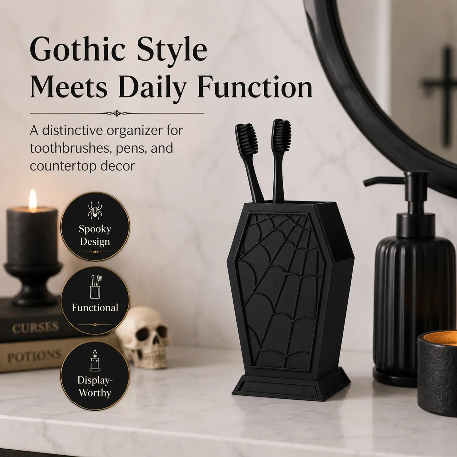 Gothic Coffin Spider Web Pattern 3D Printed Storage Tube, Dark Halloween Bathroom Toothbrush Holder, Desktop Pen Organizer Decorative Item, Countertop Toothbrush Holder, Toothbrush Holders For Bathrooms
