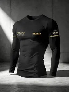 American Luxury Gold Print Long Sleeve Top, Men's Round Neck Stretch Fitted Shirt, Ideal for Daily Commute, Streetwear, Fitness Training