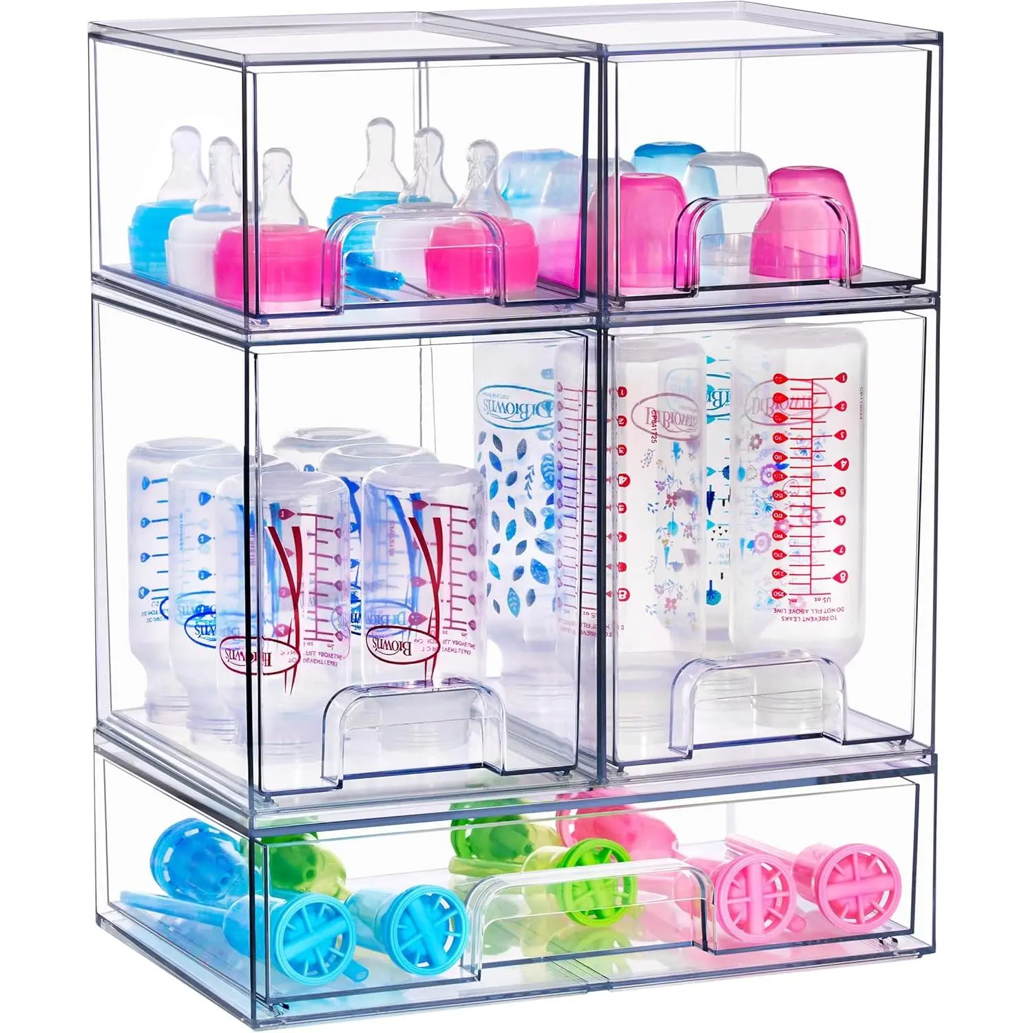 Stackable Acrylic Storage Drawers – 2 Small + 2 Tall + 1 Wide – 5 Pack Clear Plastic Organizer Bins for Baby Bottles, Makeup, Bathroom & Vanity, Pull-Out Drawer Design for Kitchen Cabinets