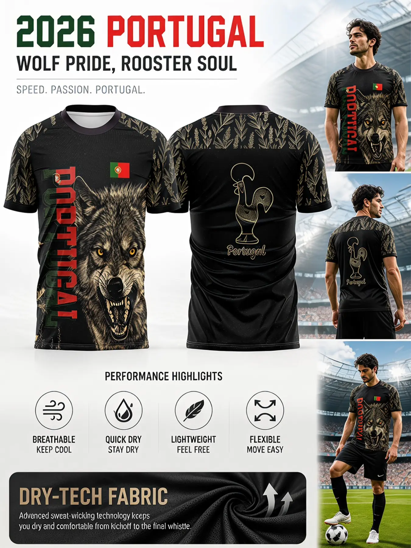 2026 Portugal Gold Lavender Flower Football Jersey, Short Sleeve Jersey, Lightweight Sporty Top, Ideal for Matches, Gym Training, Casual Wear