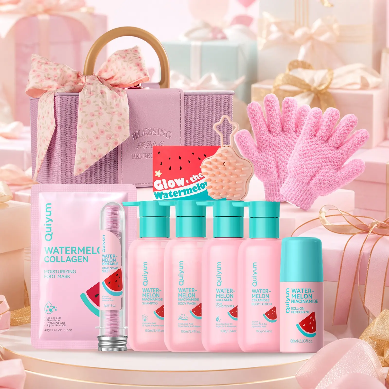 Watermelon Niacinamide Self Care Gift Set for Women, 11-Piece Self Care Bath & Body Set with Body Lotion, Shampoo, Conditioner, Deodorant, Foot Mask, Pink Vanity Makeup Case, Star Scalp Brush & Exfoliating Shower Gloves,Luxury Vanity Case Holiday Gifts fo