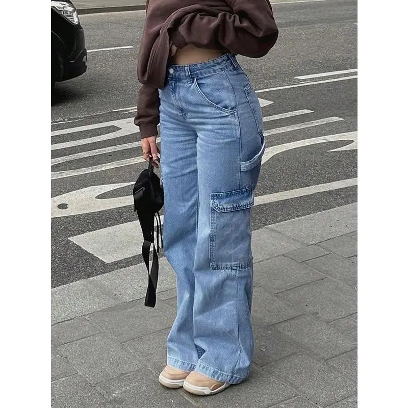 Women's High-Waisted Stretch Jeans Vintage Industrial Workwear Pants with Multiple Utility Pockets, Stretchy Non-See-Through Fabric for Everyday & Formal Outfits, Machine Washable All-Season Casual Streetwear Ladies Jeans