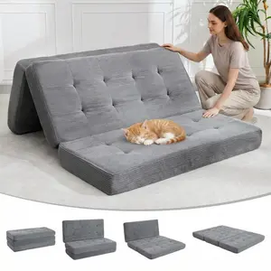 Garvee 6-Inch Tri-Fold Mattress with High-Density Support Foam, Foldable Floor Sofa Bed, Soft Corduroy Fabric, Tufted Design, Portable Guest Bed for Camping, Dorm, Living Room, Grey, 75" x 54.3"