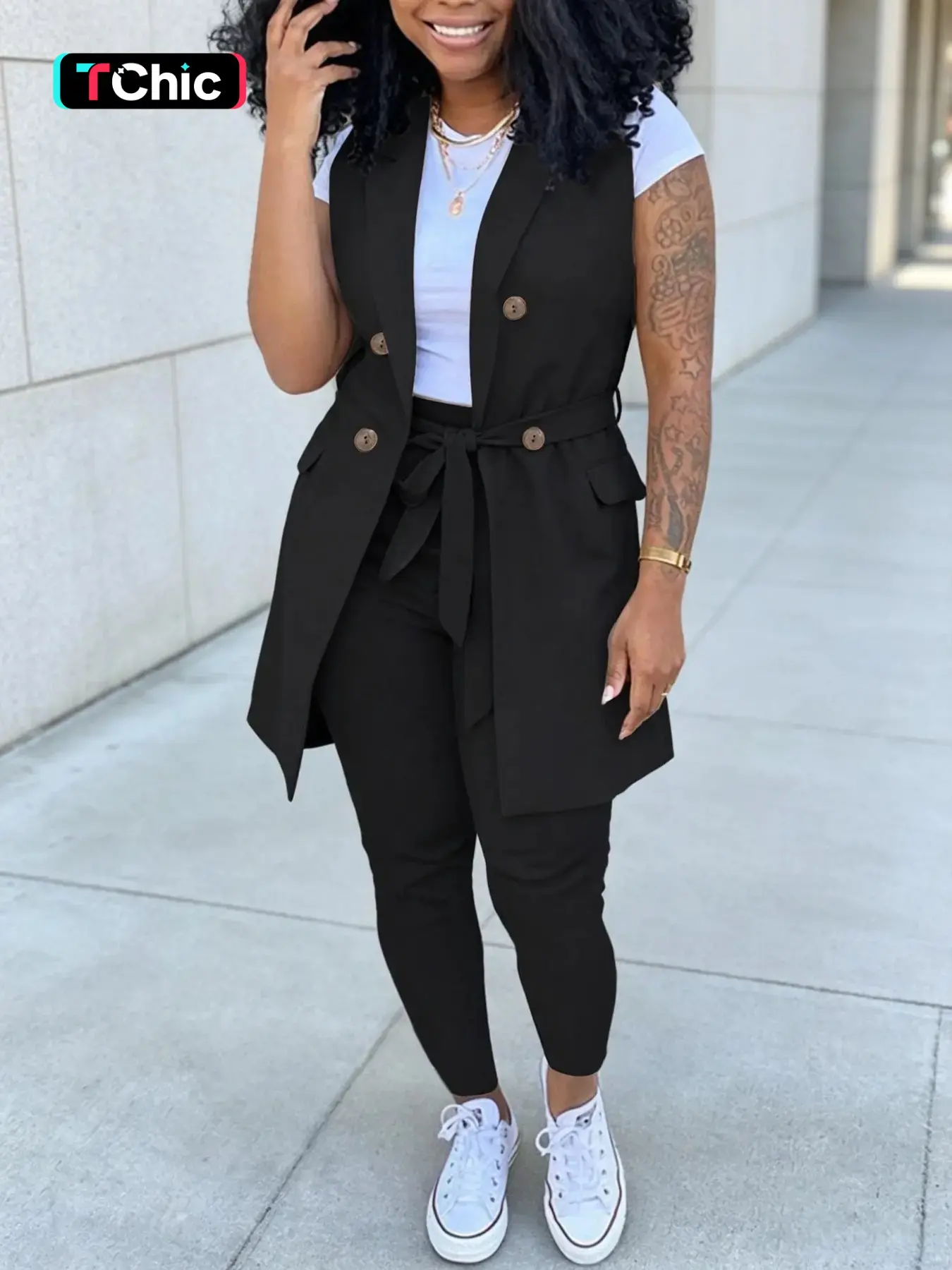 Double-Breasted Sleeveless Long Blazer Vest + Slim Fit Pants Set, Office Wear, Slimming, Professional Look, Two-Piece