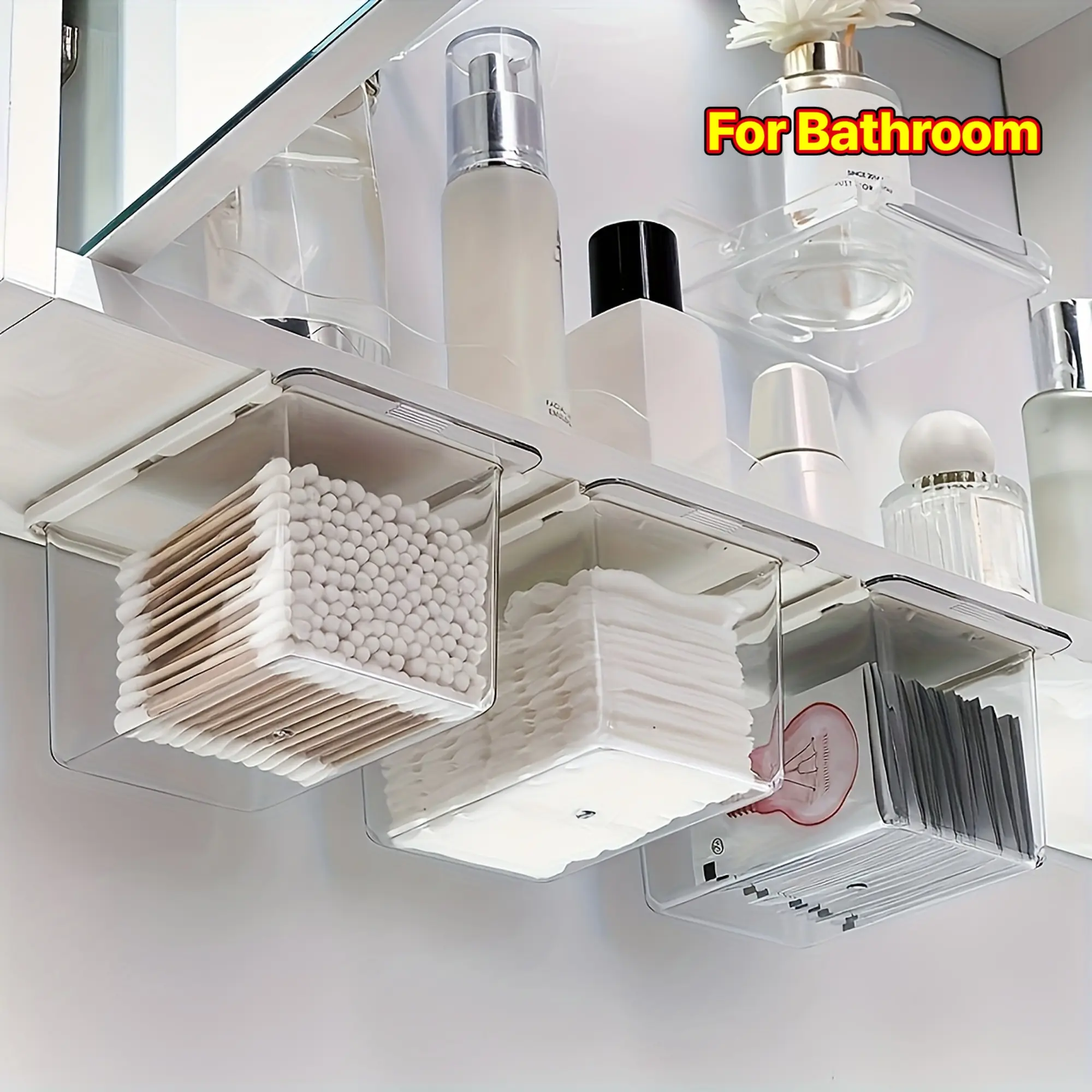 1Pc/2Pcs Pull Out Hanging Cosmetic Storage Organizer, Under Cabinet Hidden Drawer Storage Box, Wall Mount Vanity Caddy For Cotton Swabs, Makeup Pads, Lipsticks, Beauty Tools, No Drilling Bathroom And Dresser Space Saving Container