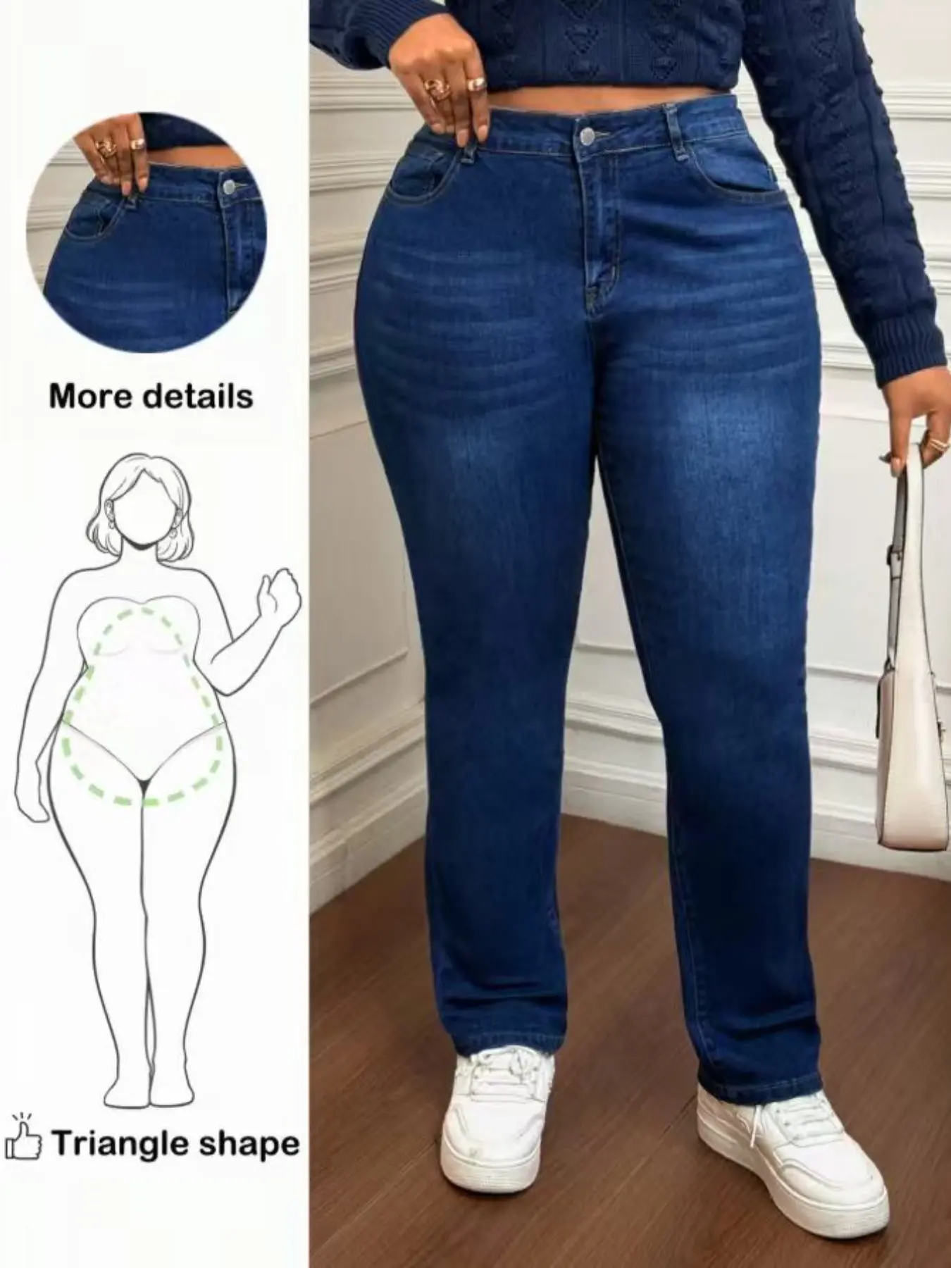 Plus Size High Waist Stretch Straight Leg Jeans for Women, Pear Shape Conceal Hip Slimming Dark Blue Elastic Long Pants